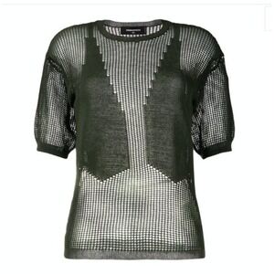 DSQUARED2 Knitted Solid & Mesh Green Top Crew Neck Short Sleeve Waist Tie SZ S